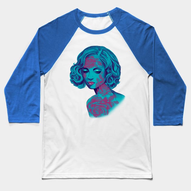 Retro Rose Girl in blue Baseball T-Shirt by Huldra Tattoo